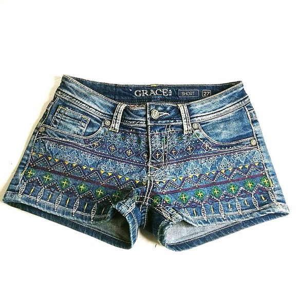 Grace in LA Pants - GRACE Dark Wash Embroidered/Beaded Blue Denim Jean Shorts Sz 27 x 3" x7.5 Rise